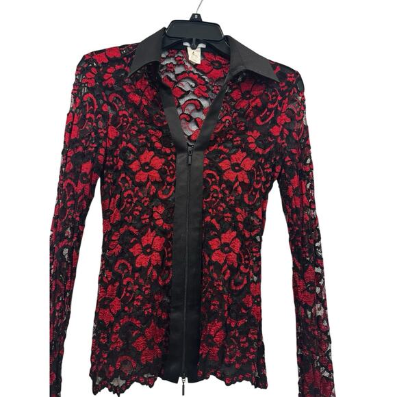 Vintage Cache Red Black Lace Zip Up Blouse Floral Vampire Goth Dark Romantic : S - Picture 8 of 14